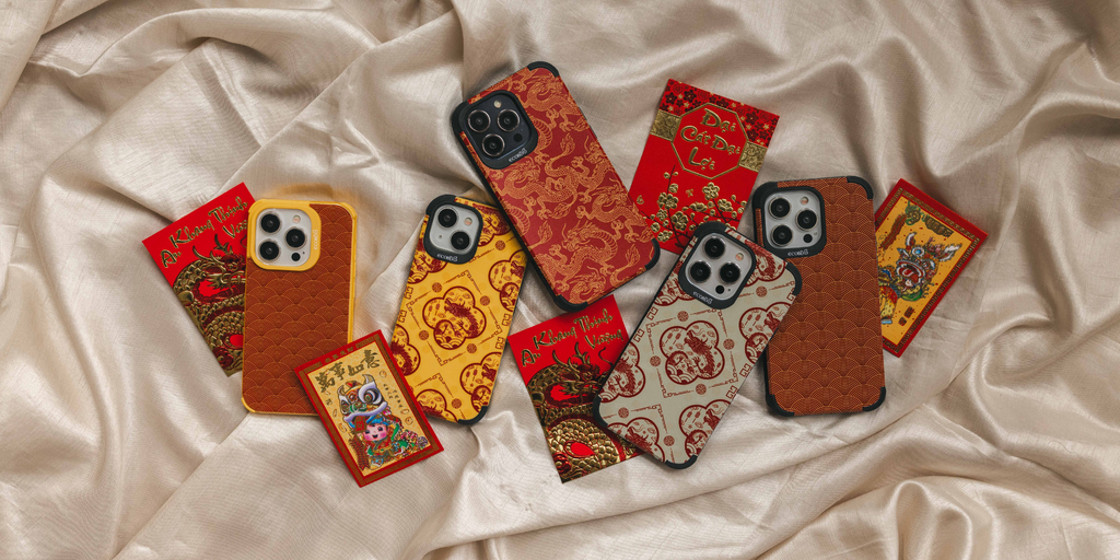 EcoBlvd's Good Fortune, Year Of The Dragon & Golden Dragon Designs On Yellow and Black Phone Cases Amongst Red Envelopes and Lunar New YEear Cards For Good Luck!