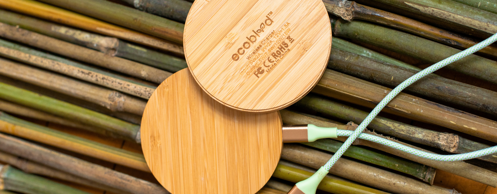 EcoBlvd's Bamboo Wireless Charger & LifeVine Charging Cable Set Upon A Bamboo Background - Power Up Responsibly - Blog