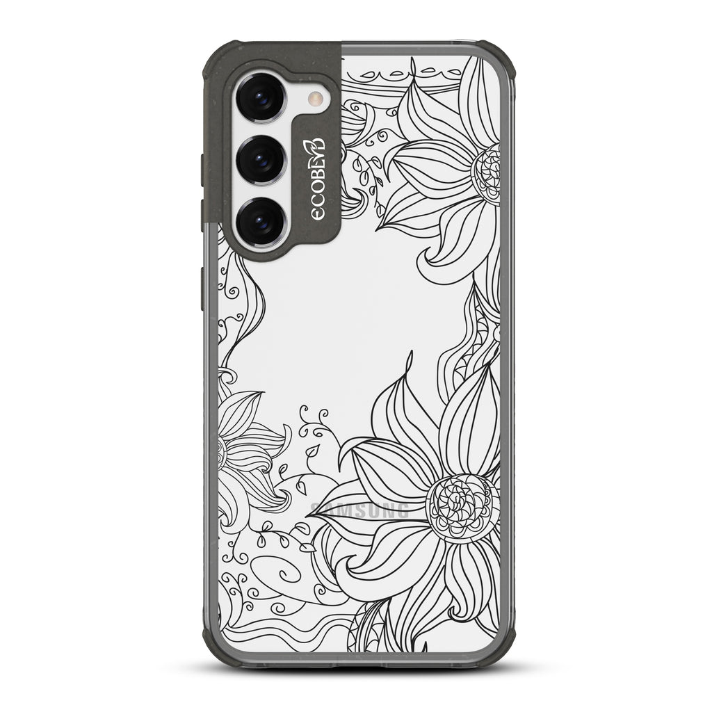 Flower Stencil - Black Eco-Friendly Galaxy S23 Plus Case With Sunflower Stencil Line Art On A Clear Back
