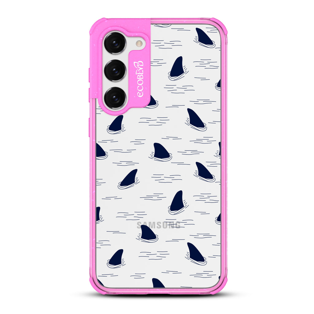 Shark Fin - Pink Eco-Friendly Galaxy S23 Case With Shark Fins Peeking From Water On A Clear Back