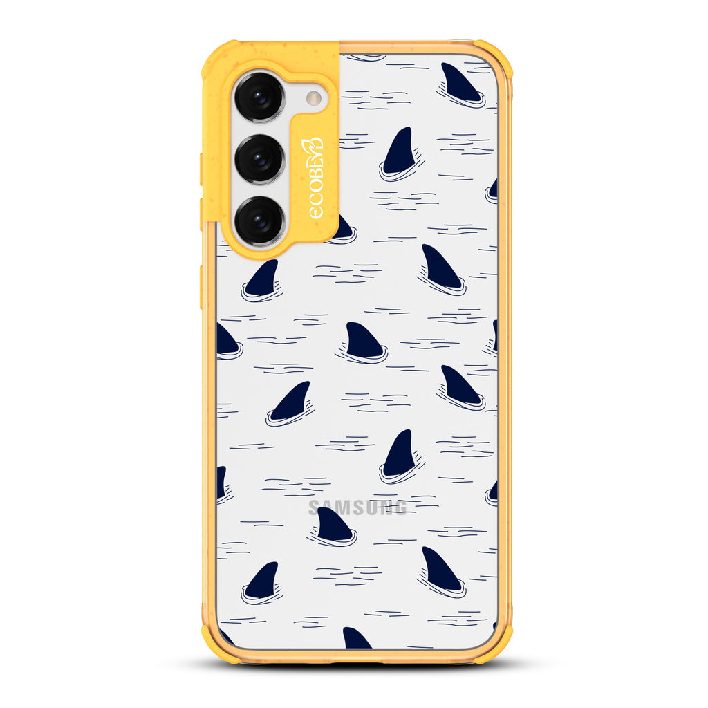 Shark Fin - Yellow Eco-Friendly Galaxy S23 Plus Case With Shark Fins Peeking From Water On A Clear Back