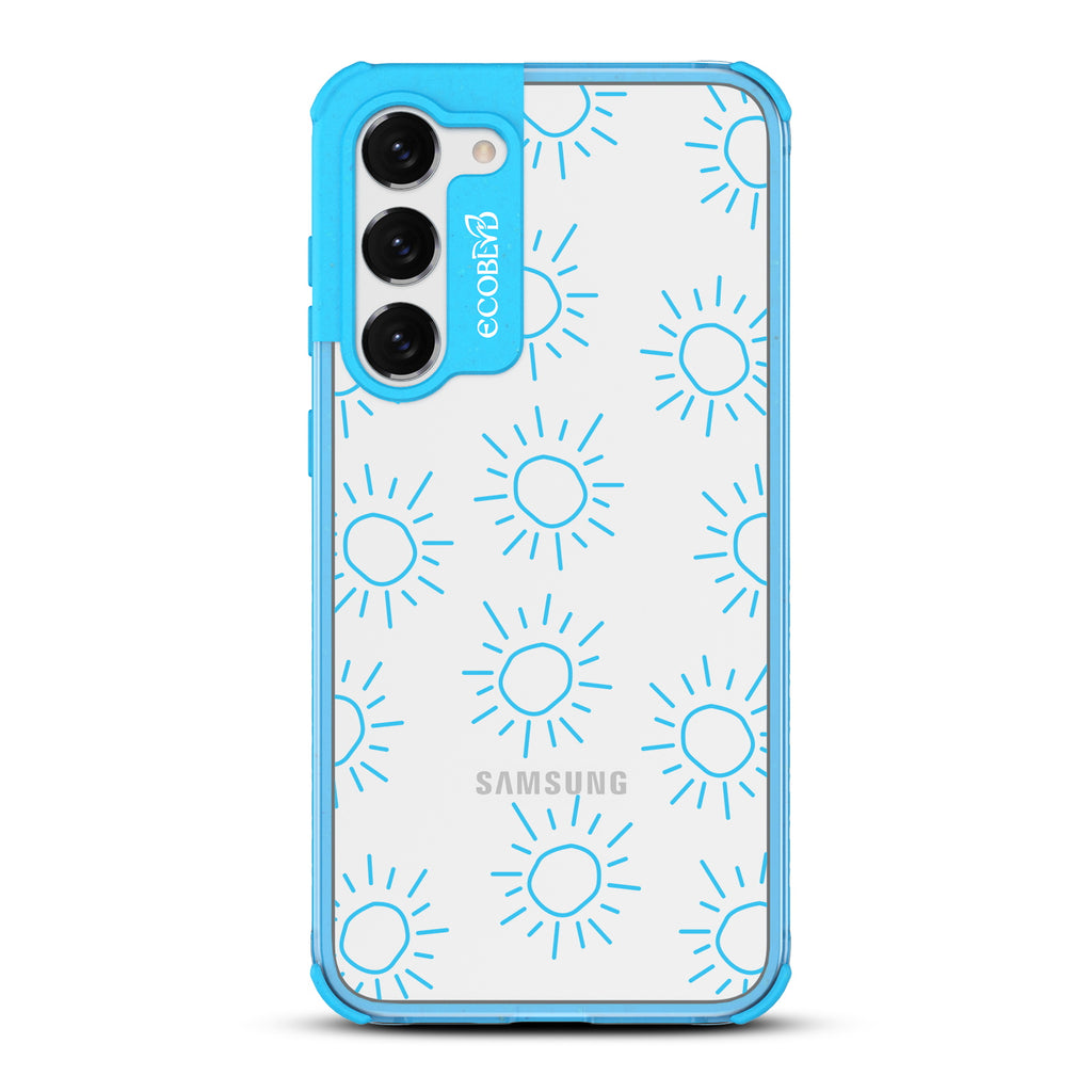 Sun - Blue Eco-Friendly Galaxy S23 Plus Case With Various Scribbled Suns On A Clear Back