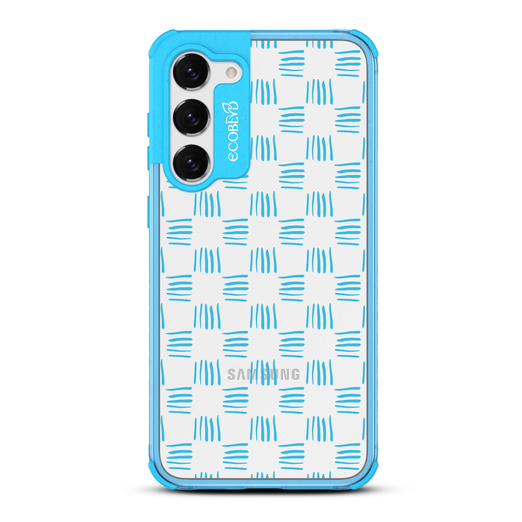 Weave It To Me - Blue Eco-Friendly Galaxy S23 Plus Case With A Wicker Inspired Rattan Pattern On A Clear Back