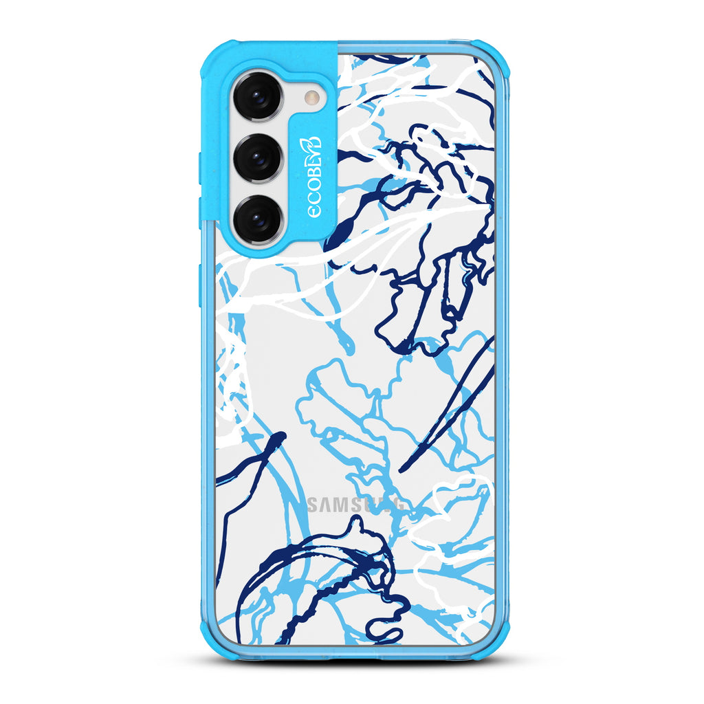 Outside the Lines - Blue Eco-Friendly Galaxy S23 Plus Case With Minimalist Abstract Lines & Squiggles On A Clear Back