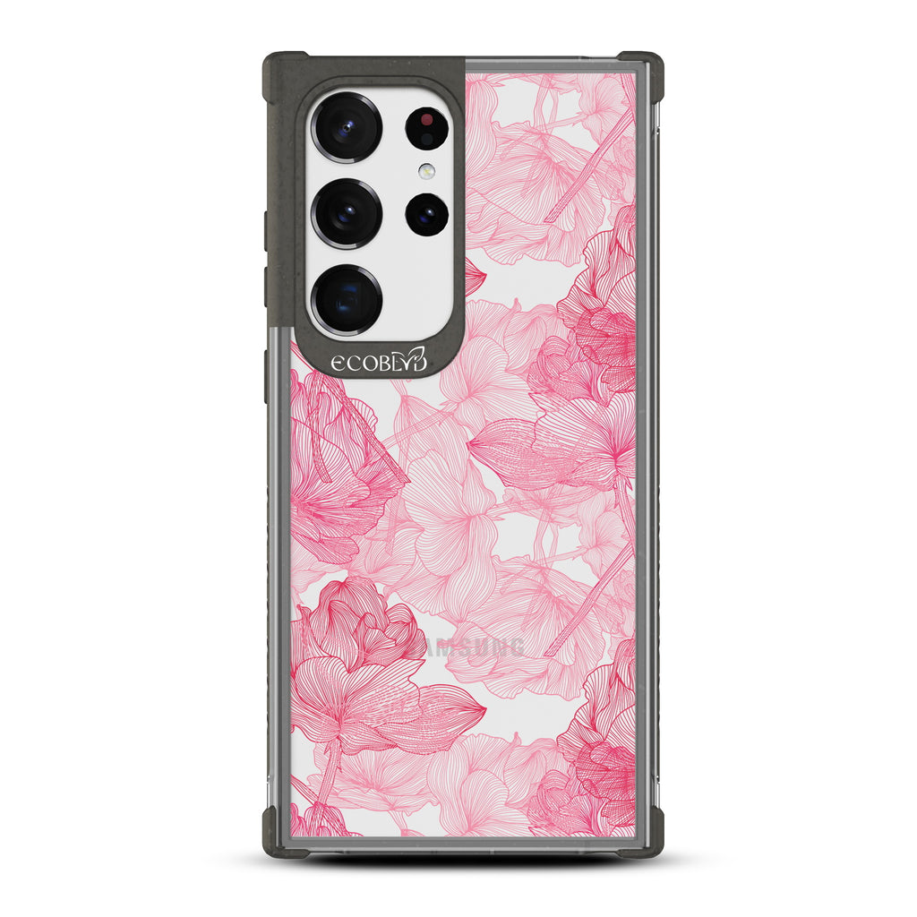Blushed Pink - Black Eco-Friendly Galaxy S23 Ultra Case with Pink Rose Floral Line Art On A Clear Back