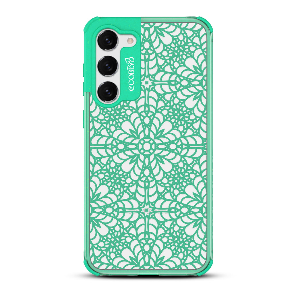 A Lil??????Dainty - Green Eco-Friendly Galaxy S23 Plus Case with Chantilly Lace Pattern On A Clear Back