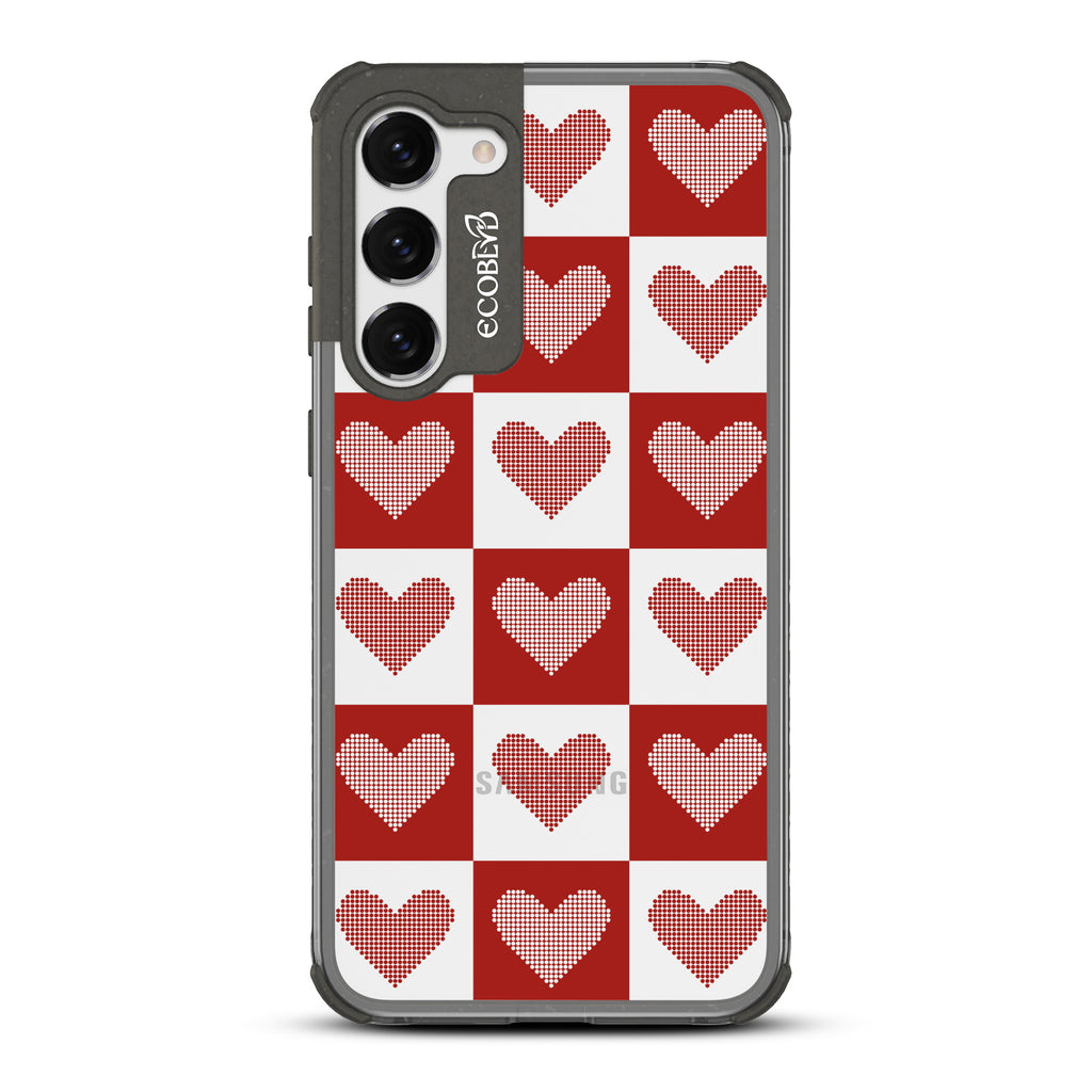 Quilty Pleasures - Black Eco-Friendly Galaxy S23 Case With Red Checkered Print With Knitted Hearts On A Clear Back