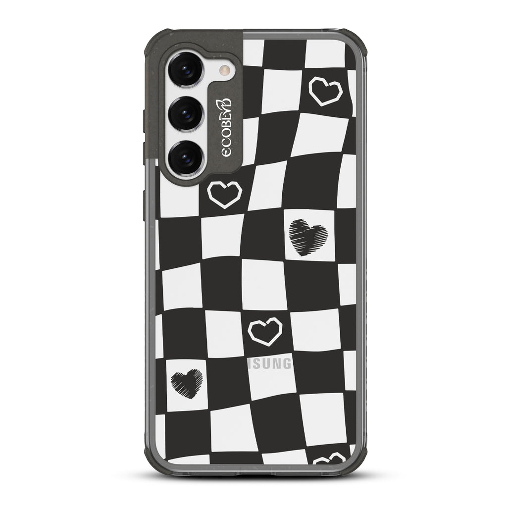 Reality Check - Black Eco-Friendly Galaxy S23 Plus Case With Wavy Checkered Print & Scribbled Hearts On A Clear Back
