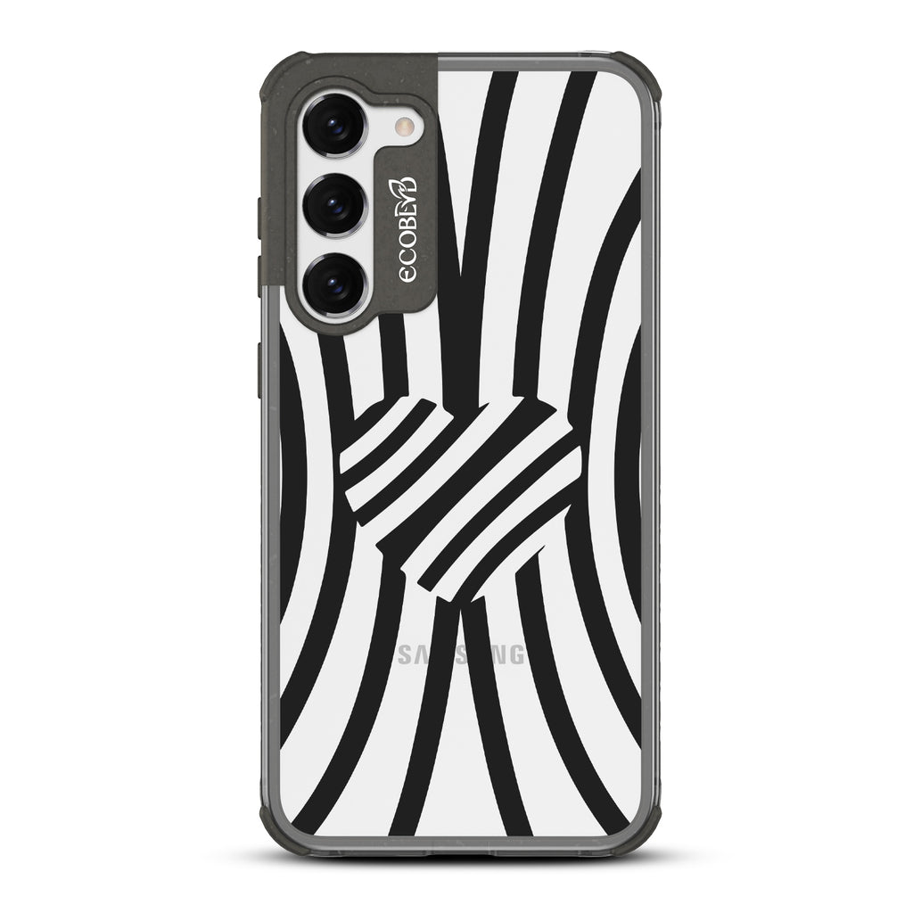 Swirl Of Emotion - Black Eco-Friendly Galaxy S23 Plus Case With Black Zebra Stripes & A Heart In The Center On A Clear Back