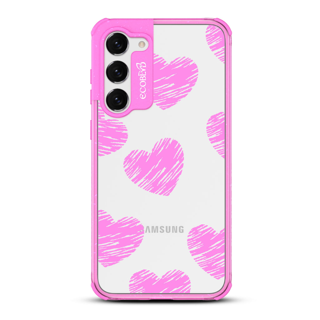 Drawn To You - Pink Eco-Friendly Galaxy S23 Plus Case with Sketched Hearts On A Clear Back