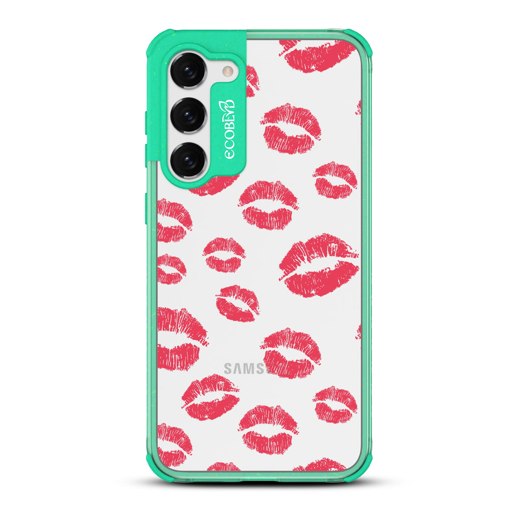 Bisou - Green Eco-Friendly Galaxy S23 Plus Case with Red Lipstick Kisses On A Clear Back