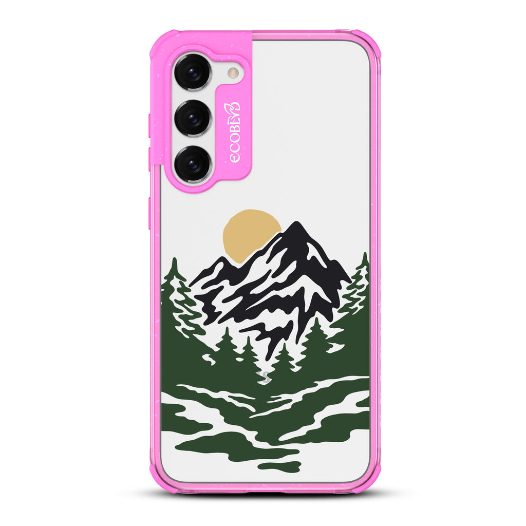Mountains - Pink Eco-Friendly Galaxy S23 Plus Case With A Minimalist Moonlit Mountain Landscape On A Clear Back