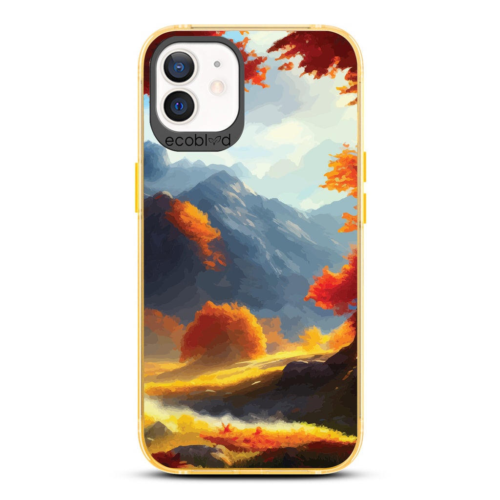 Autumn Canvas - Watercolored Fall Mountain Landscape - Eco-Friendly Clear iPhone 12/12 Pro Case With Yellow Rim 