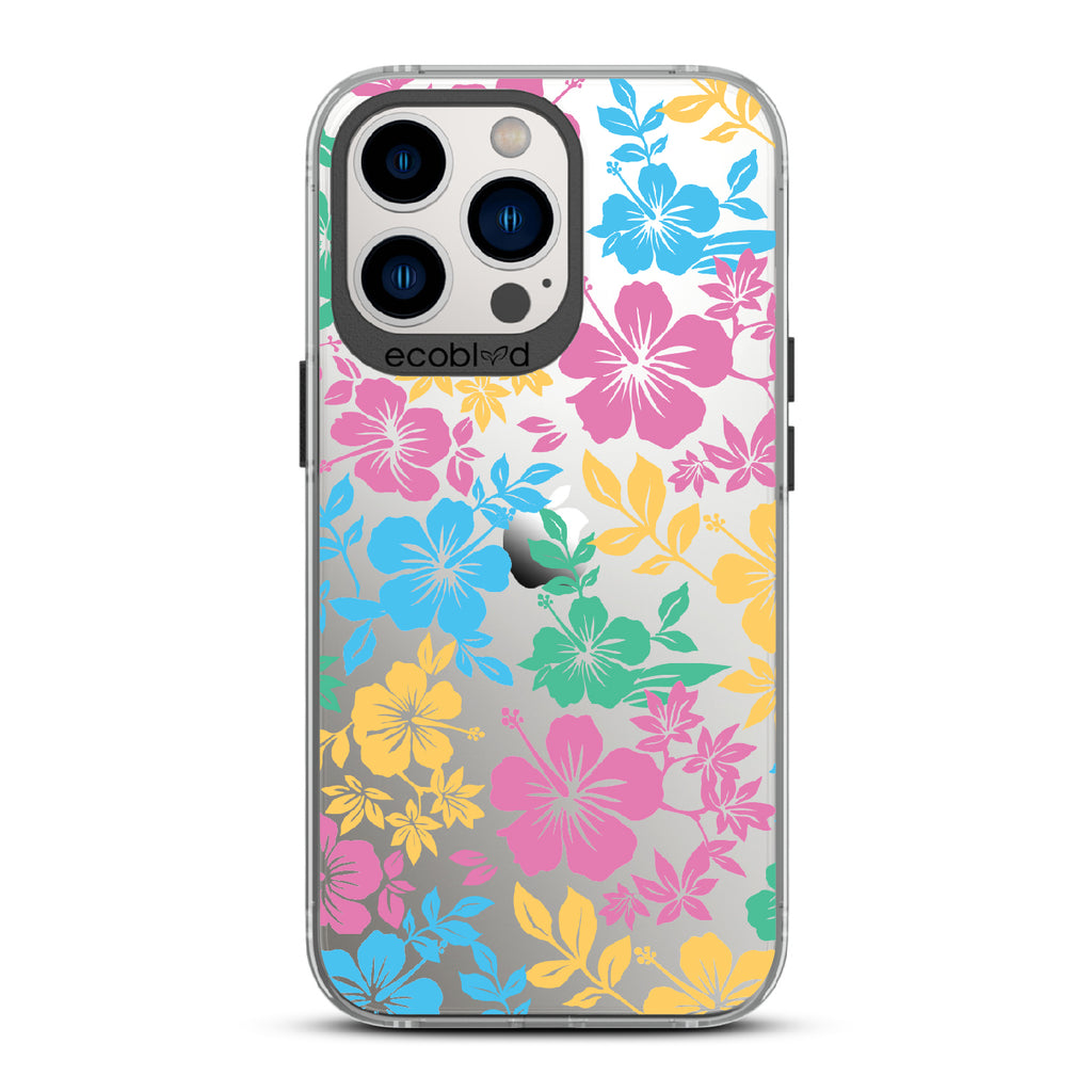Lei'd Back - Black Eco-Friendly iPhone 12/13 Pro Max Case With Colorful Hawaiian Hibiscus Floral Print On A Clear Back