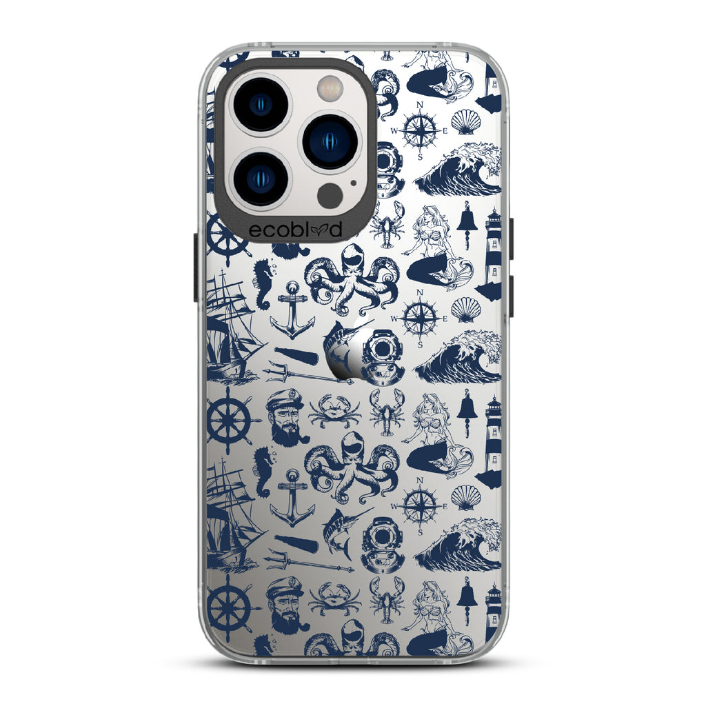 Nautical Tales - Black Eco-Friendly iPhone 12/13 Pro Max Case With Sailors, Ships, Waves, Anchors & More On A Clear Back
