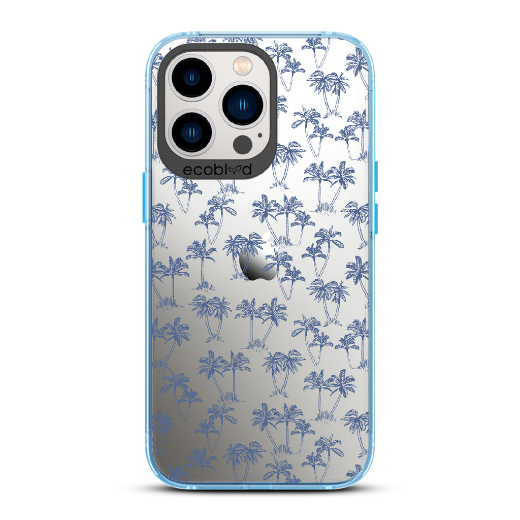 Endless Summer - Blue Eco-Friendly iPhone 12/13 Pro Max Case With 50's-Style Blue Palm Trees Print On A Clear Back