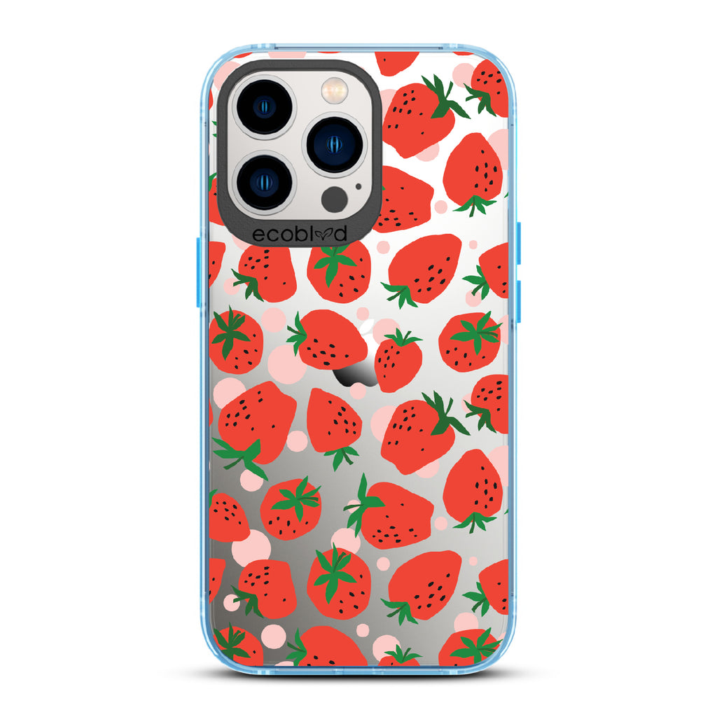 Strawberry Fields - Blue Eco-Friendly iPhone 12/13 Pro Max Case With Strawberries On A Clear Back