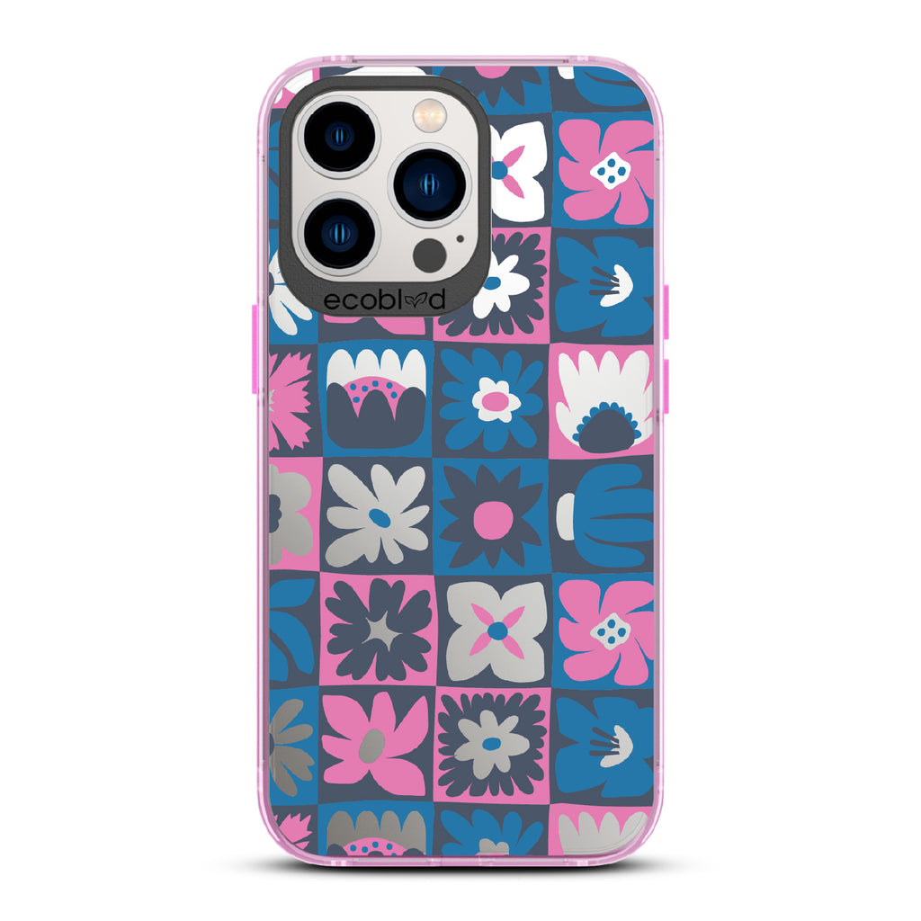 Paradise Blooms - Pink Eco-Friendly iPhone 12/13 Pro Max Case With Tropical Floral Checker Print On A Clear Back