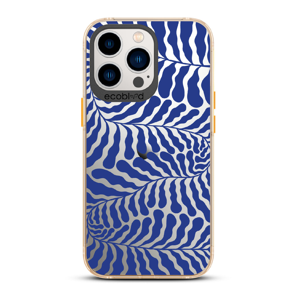 Blue Lagoon - Yellow Eco-Friendly iPhone 12/13 Pro Max Case With Abstract Tropical Blue Seaweed On A Clear Back