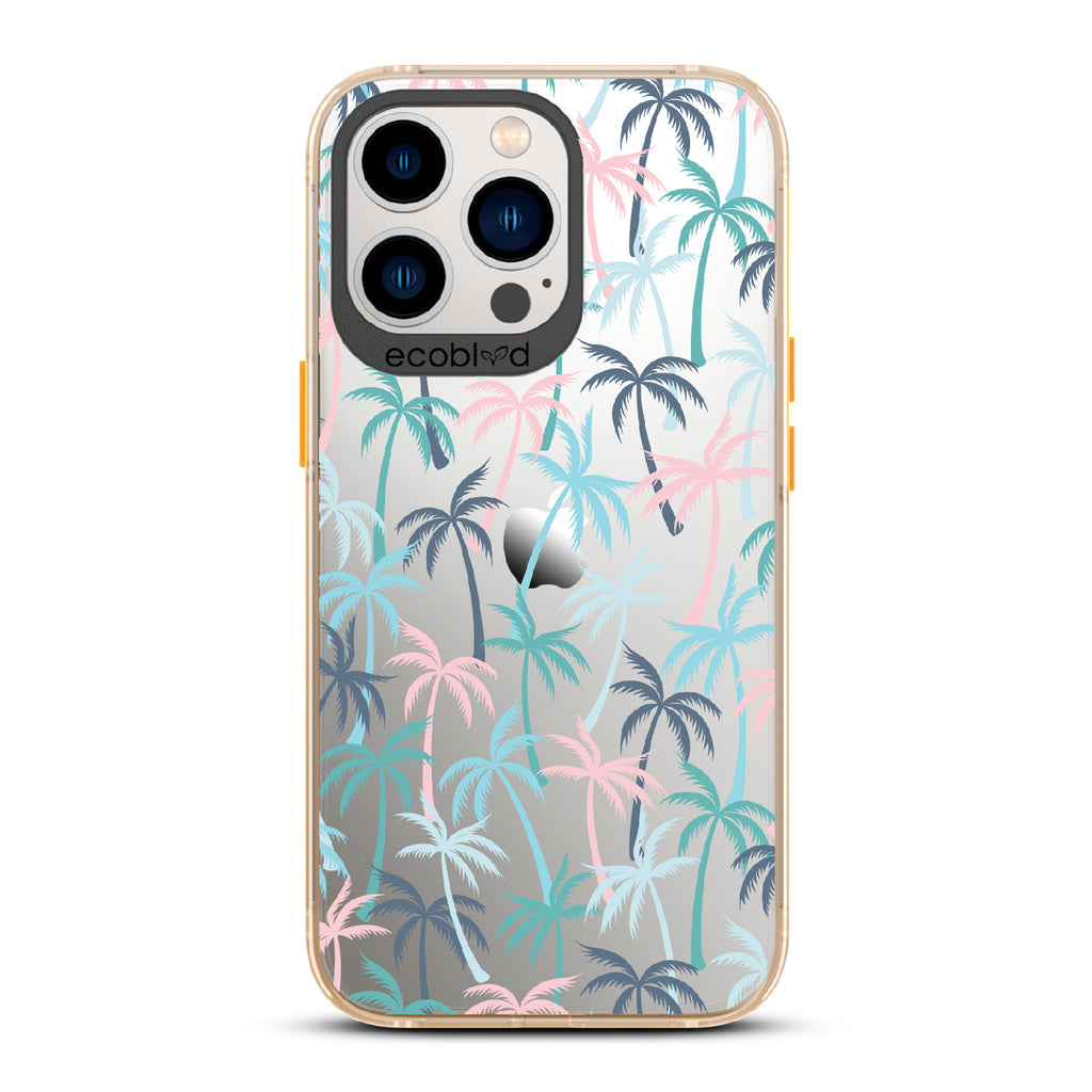 Cruel Summer - Yellow Eco-Friendly iPhone 12/13 Pro Max Case With Hotline Miami Colored Tropical Palm Trees On A Clear Back