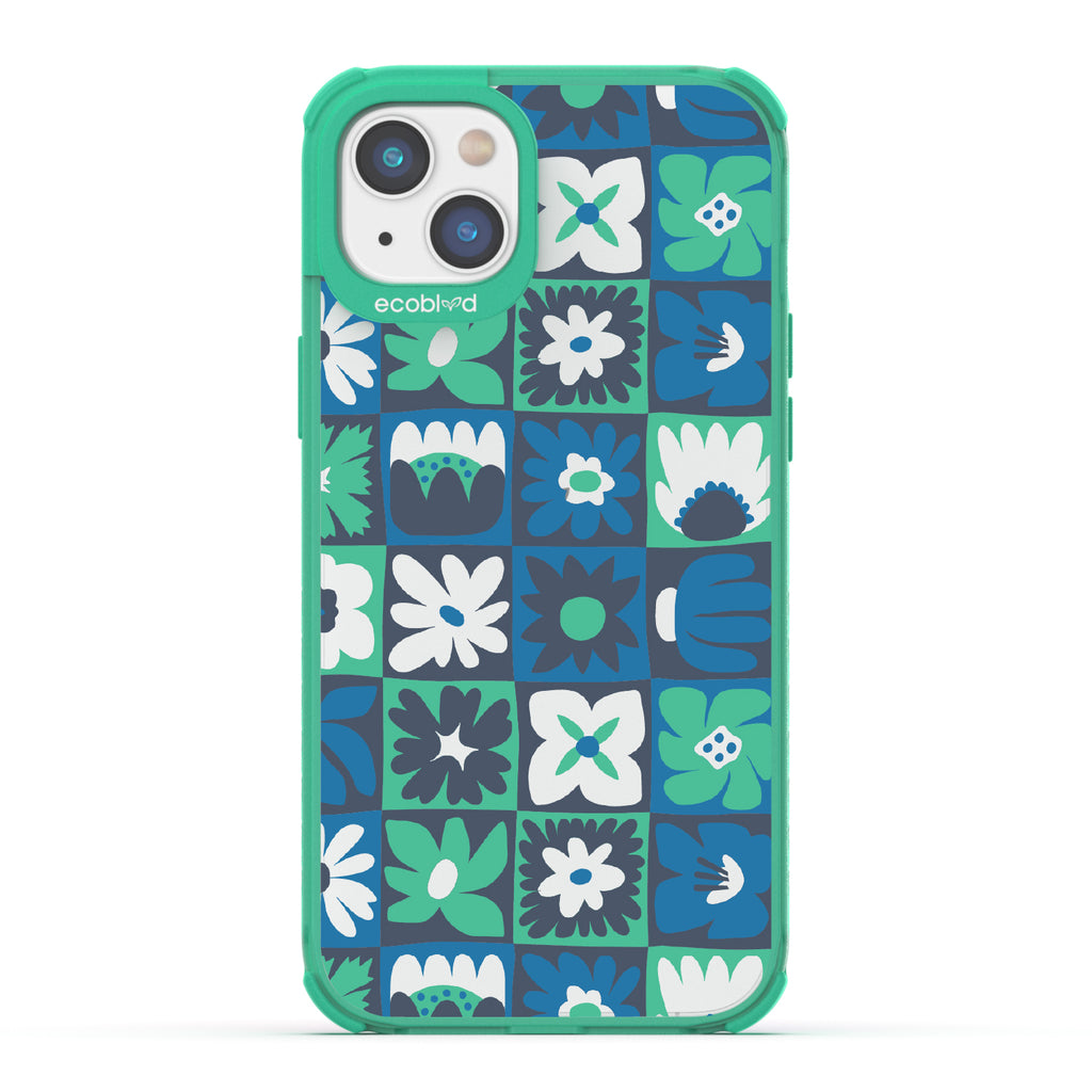Paradise Blooms - Green Eco-Friendly iPhone 14 Case With Tropical Floral Checker Print On A Clear Back