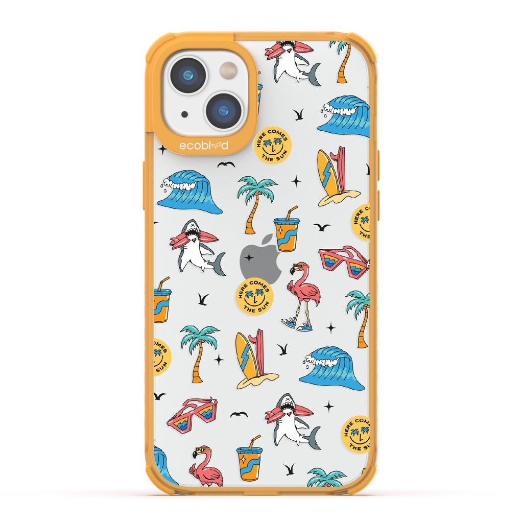 Here Comes The Sun - Yellow Eco-Friendly iPhone 14 Case: Sunglasses, Surfboard, Waves & Beach Theme On A Clear Back