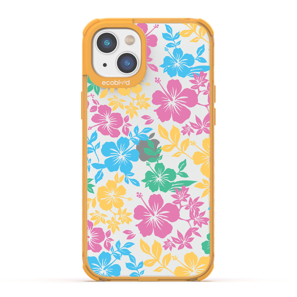 Lei'd Back - Yellow Eco-Friendly iPhone 14 Case With Colorful Hawaiian Hibiscus Floral Print On A Clear Back