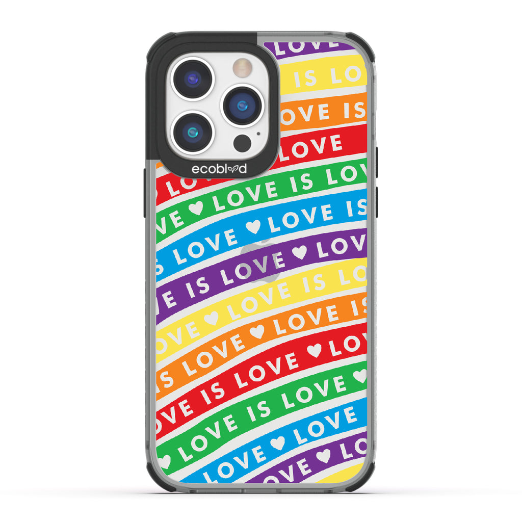 Love Unites All - Black Eco-Friendly iPhone 14 Pro Max Case With Love Is Love On Colored Lines Forming Rainbow On A Clear Back