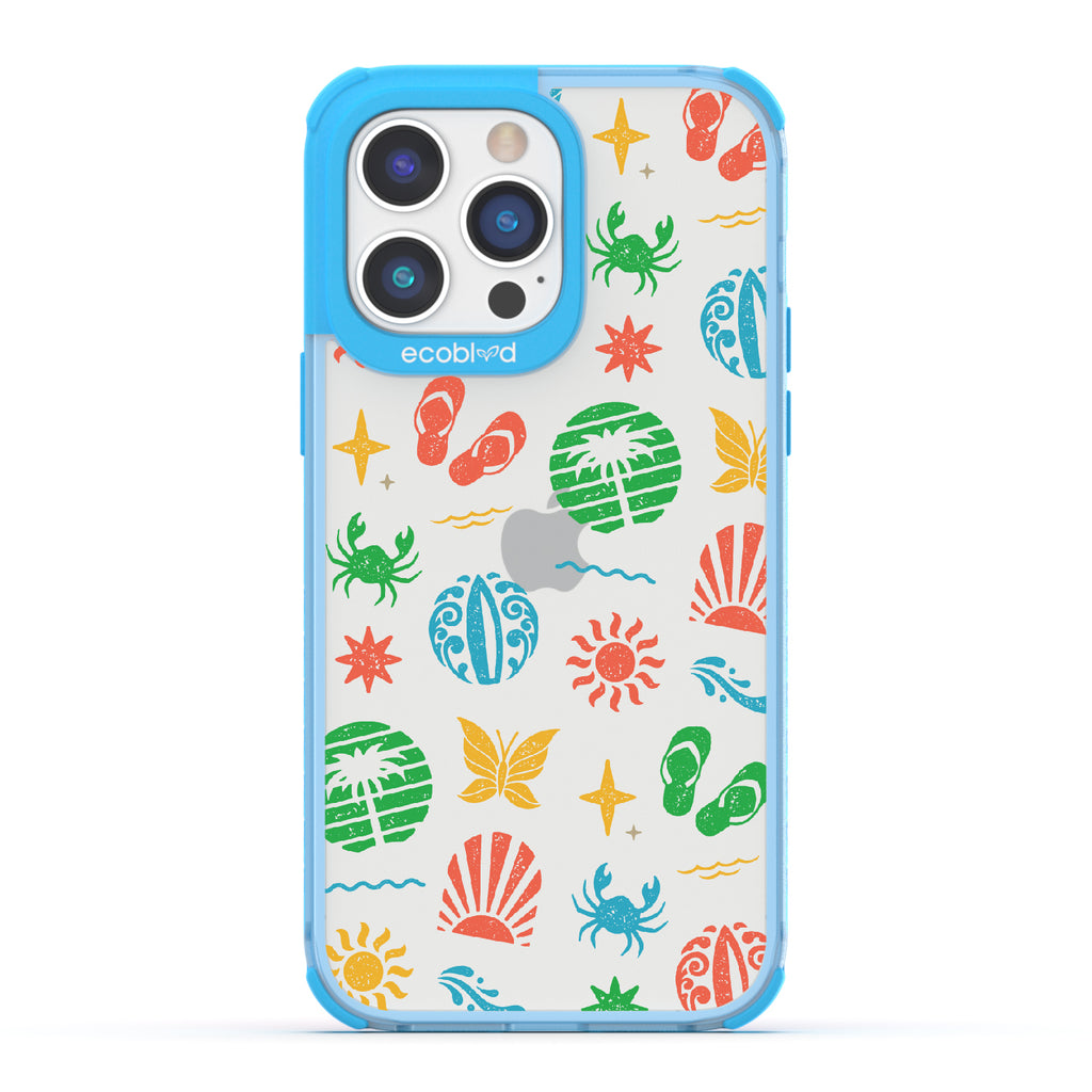 Island Time - Blue Eco-Friendly iPhone 14 Pro Case With Surfboard Art Of Crabs, Sandals, Waves & More On A Clear Back