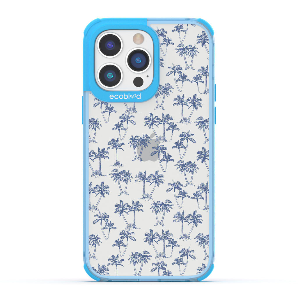 Endless Summer - Blue Eco-Friendly iPhone 14 Pro Max Case With 50's-Style Blue Palm Trees Print On A Clear Back