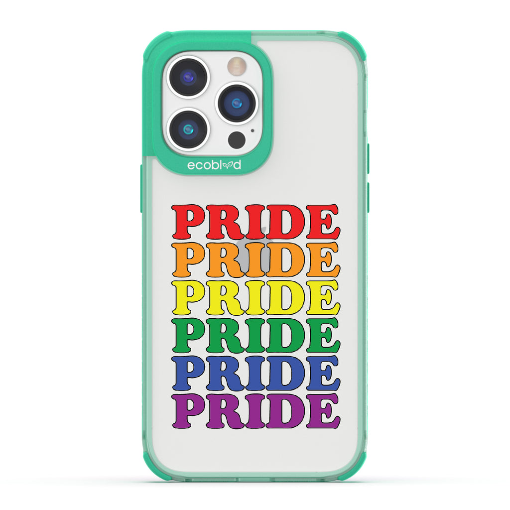 Pride Camp - Green Eco-Friendly iPhone 14 Pro Max Case With Pride Stacked In Multiple Rainbow Colors On A Clear Back