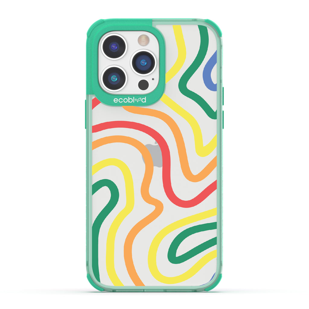 True Colors - Green Eco-Friendly iPhone 14 Pro Max Case With Abstract Lines In Different Colors Of The Rainbow On A Clear Back