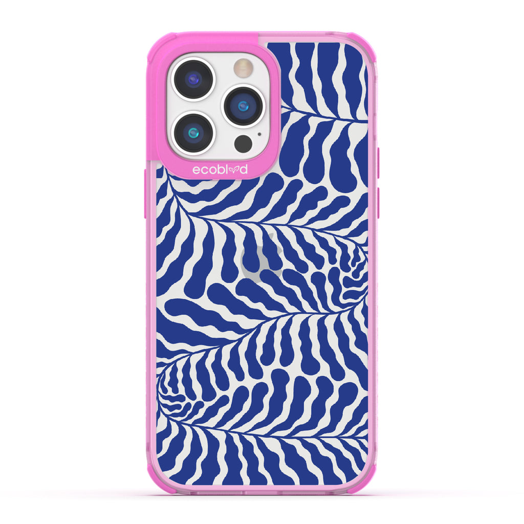 Blue Lagoon - Pink Eco-Friendly iPhone 14 Pro Case With Abstract Tropical Blue Seaweed On A Clear Back