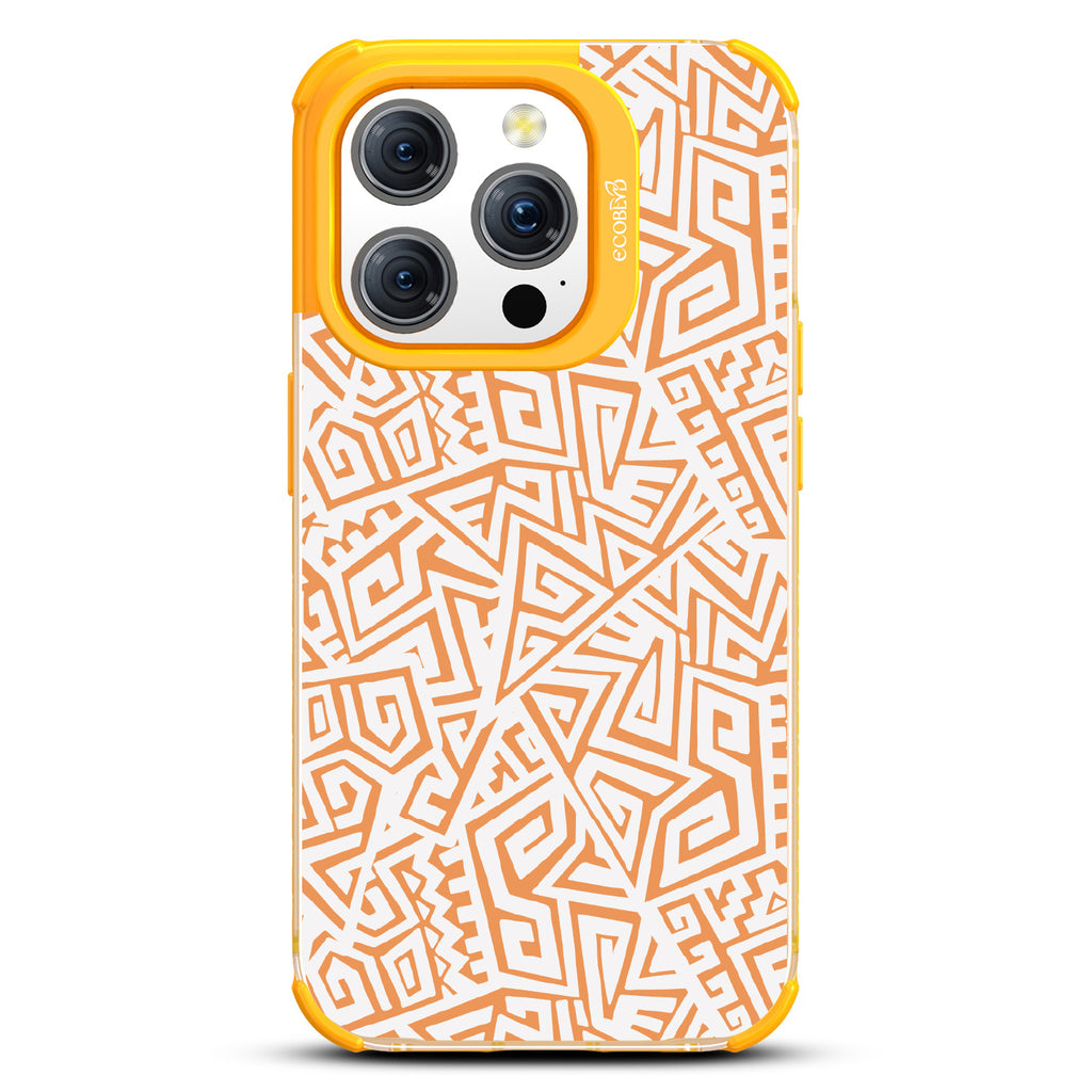 Beyond Borders - Abstract Inca/Kuba/Maori Art  - Eco-Friendly Clear iPhone 15 Pro Case With Yellow Rim 
