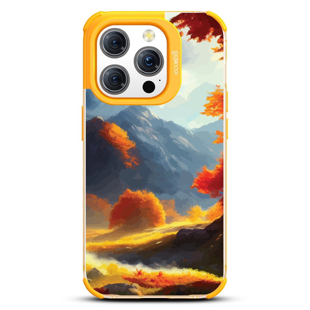 Autumn Canvas - Watercolored Fall Mountain Landscape - Eco-Friendly Clear iPhone 15 Pro Case With Yellow Rim 