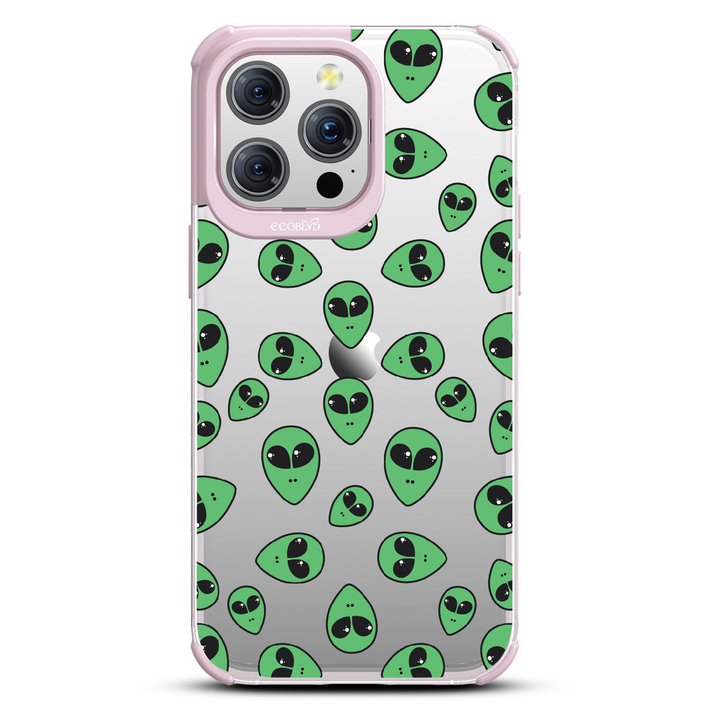 Aliens - Green Cartoon Alien Heads - Eco-Friendly Clear iPhone 15 Pro Max Case With Pastel Lilac Rim