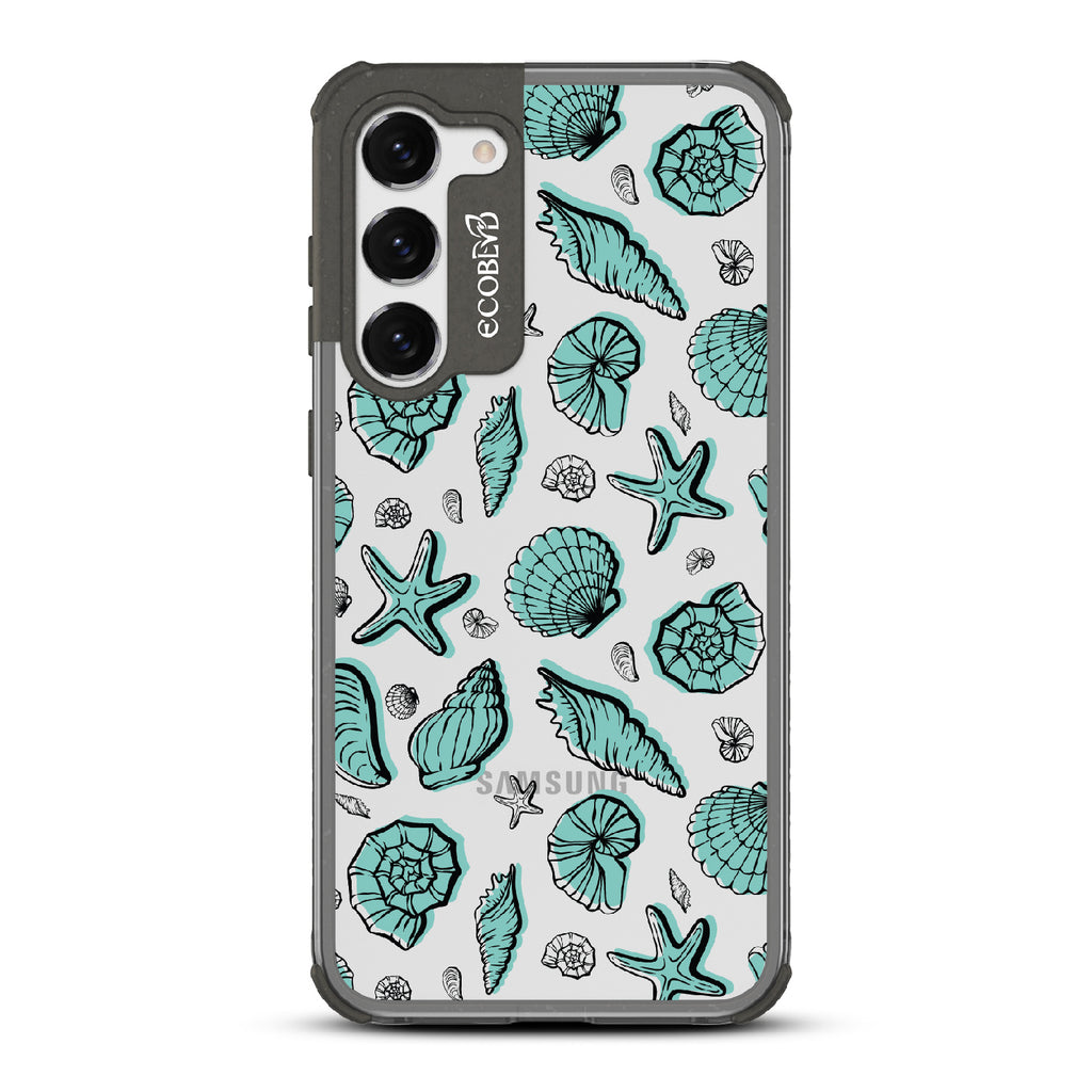 Seashells Seashore - Black Eco-Friendly Galaxy S23 Plus Case With Seashells and Starfish On A Clear Back