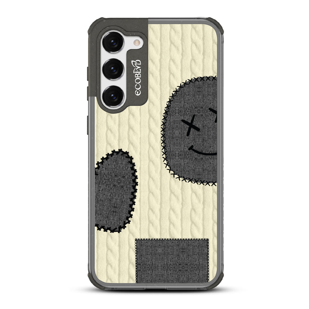 All Patched Up - Cable Knit With Patches of Heart + Happy Face - Eco-Friendly Clear Samsung Galaxy S23 Plus Case With Black Rim