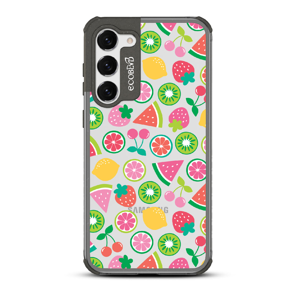 Juicy Fruit - Black Eco-Friendly Galaxy S23 Plus Case With Various Colorful Summer Fruits On A Clear Back