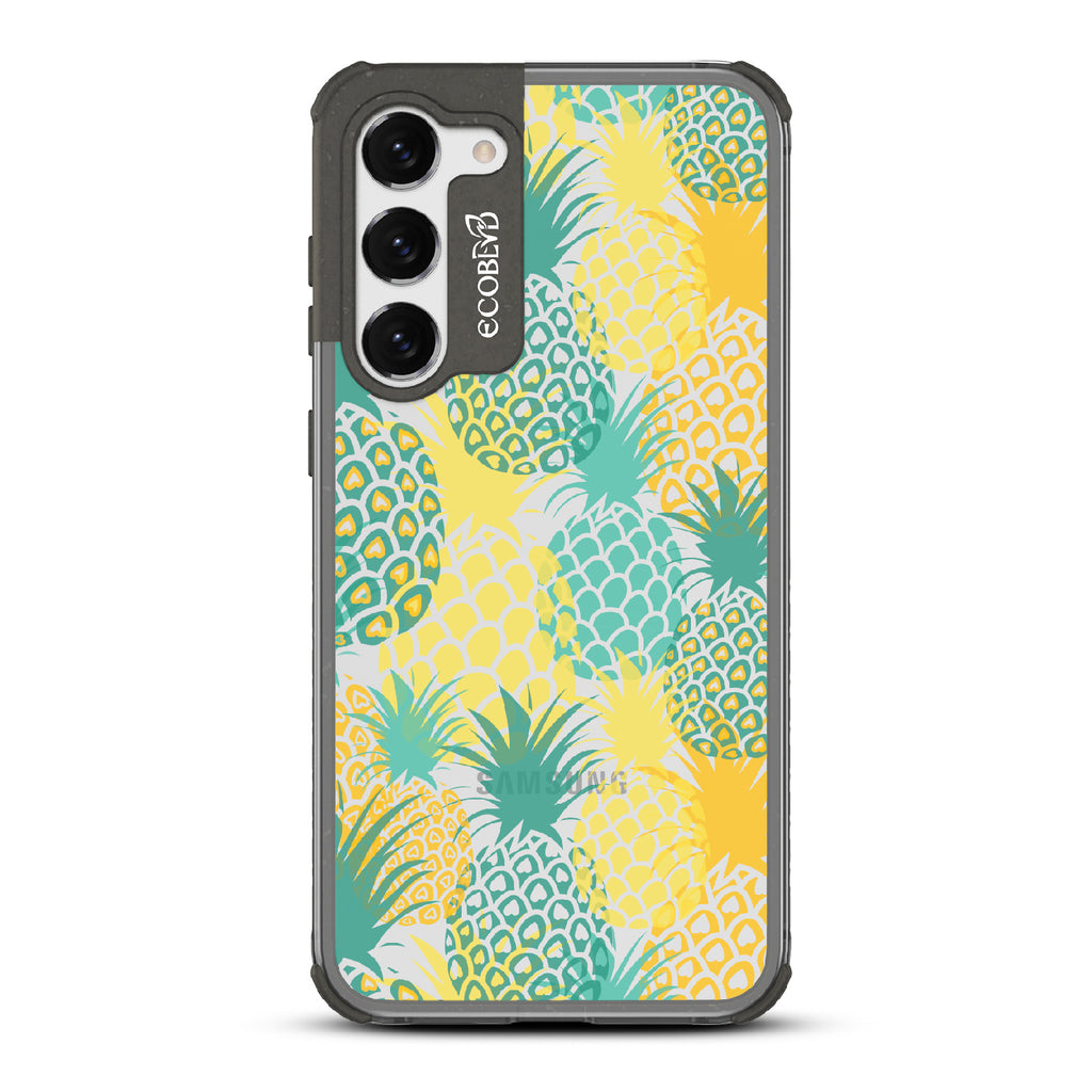 Pineapple Breeze - Black Eco-Friendly Galaxy S23 Plus Case With Tropical Colored Pineapples On A Clear Back