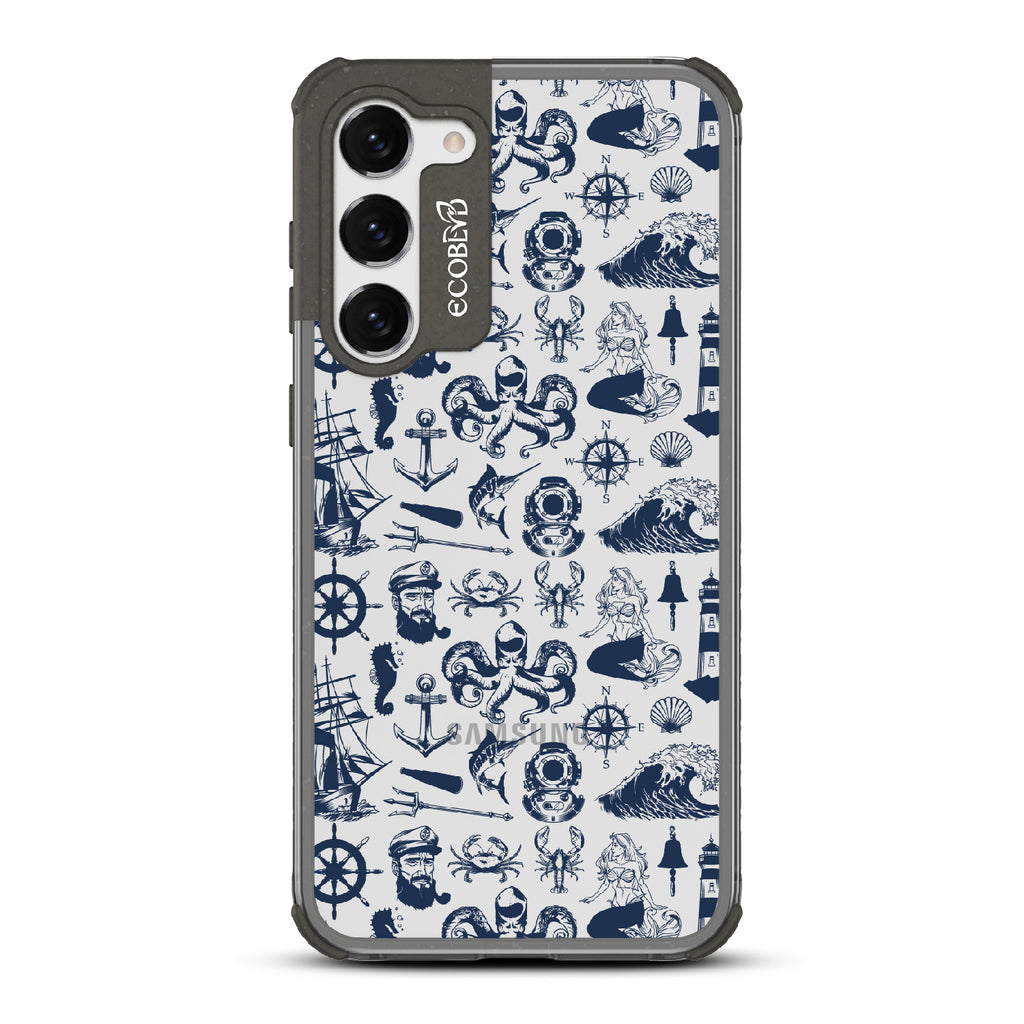 Nautical Tales - Black Eco-Friendly Galaxy S23 Plus Case With Sailors, Ships, Waves, Anchors & More On A Clear Back