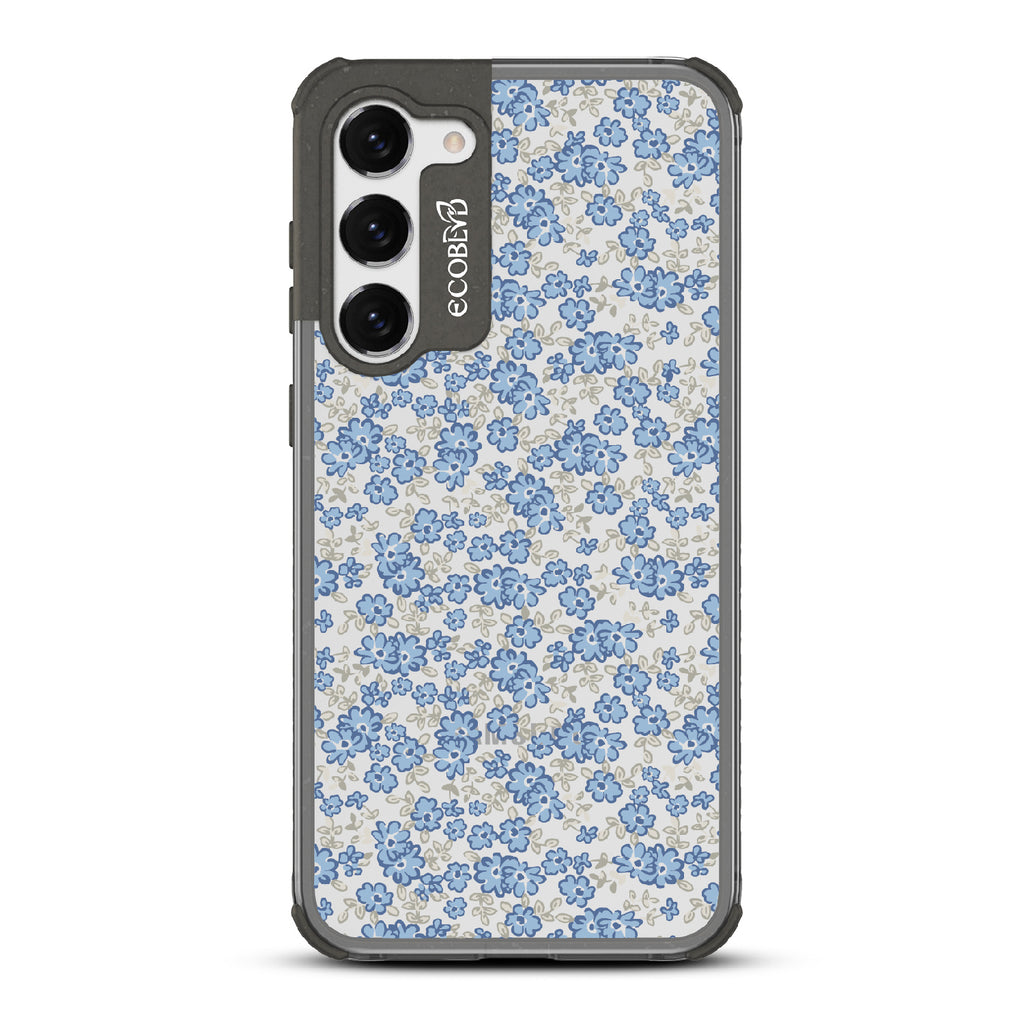 Ditsy Daze - Black Eco-Friendly Galaxy S23 Case With Vintage Forget-Me-Not Flowers On A Clear Back