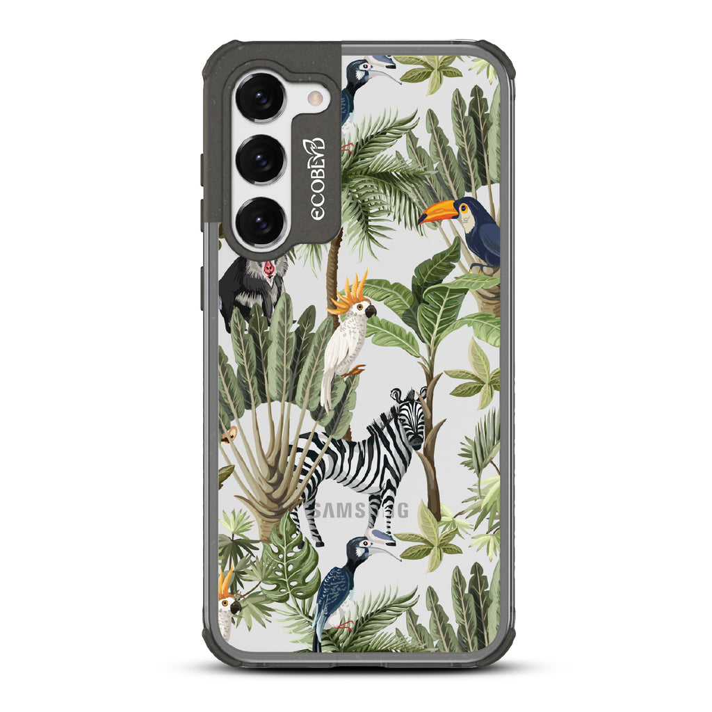 Toucan Play That Game - Black Eco-Friendly Galaxy S23 Case With Jungle Fauna, Toucan, Zebra & More On A Clear Back