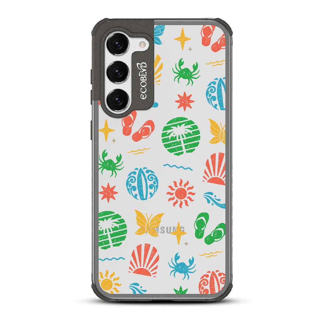 Island Time - Black Eco-Friendly Galaxy S23 Plus Case With Surfboard Art Of Crabs, Sandals, Waves & More On A Clear Back