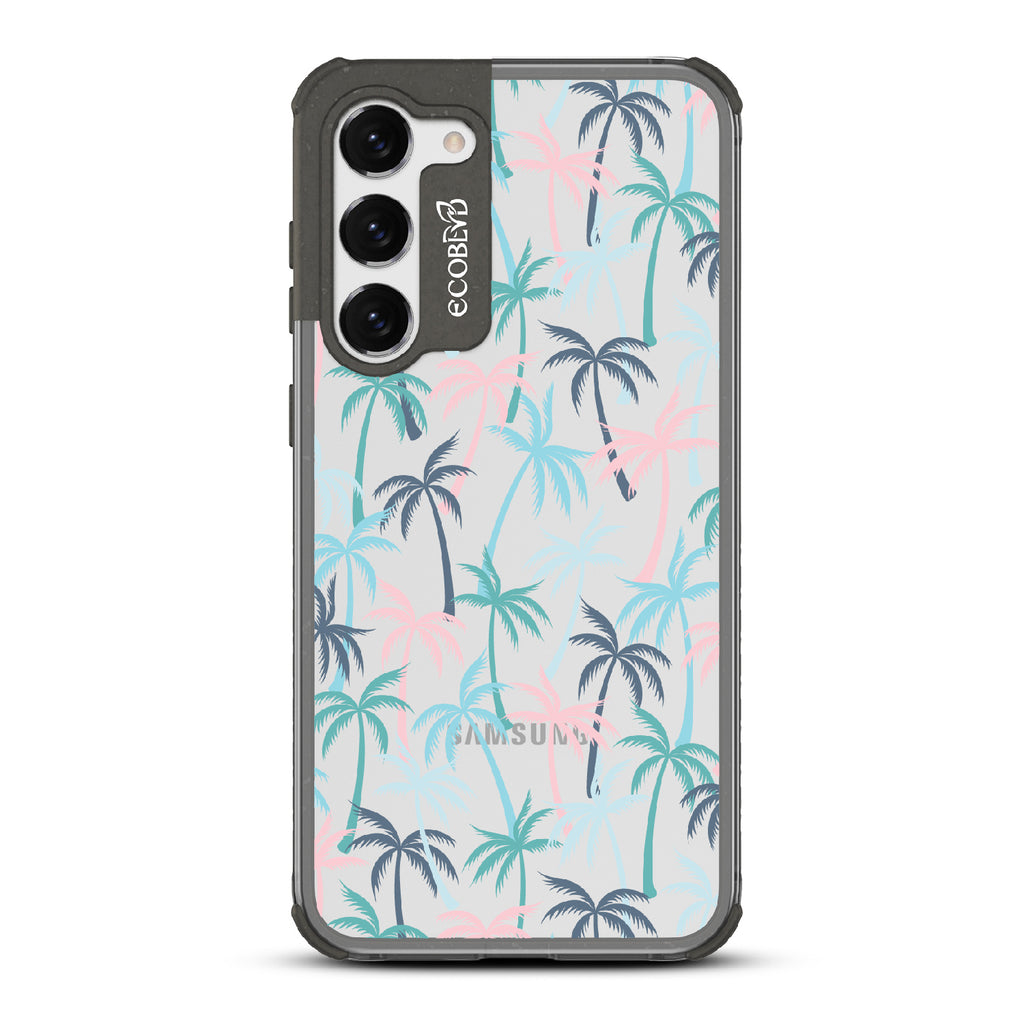 Cruel Summer - Black Eco-Friendly Galaxy S23 Plus Case With Hotline Miami Colored Tropical Palm Trees On A Clear Back