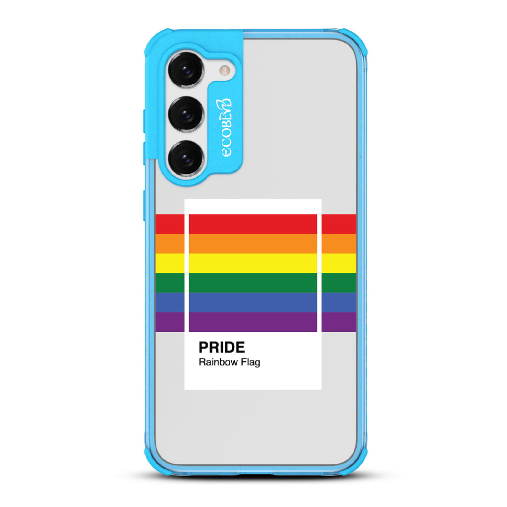 Colors Of Unity - Blue Eco-Friendly Galaxy S23 Plus Case With Pride Rainbow Flag As Pantone Swatch On A Clear Back