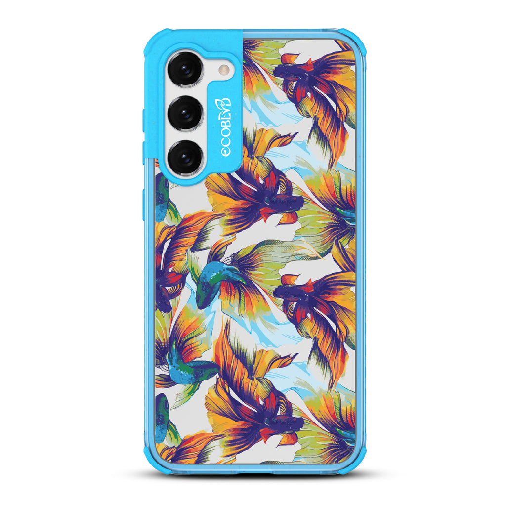 Betta Than The Rest - Blue Eco-Friendly Galaxy S23 Plus Case With Colorful Betta Fish On A Clear Back
