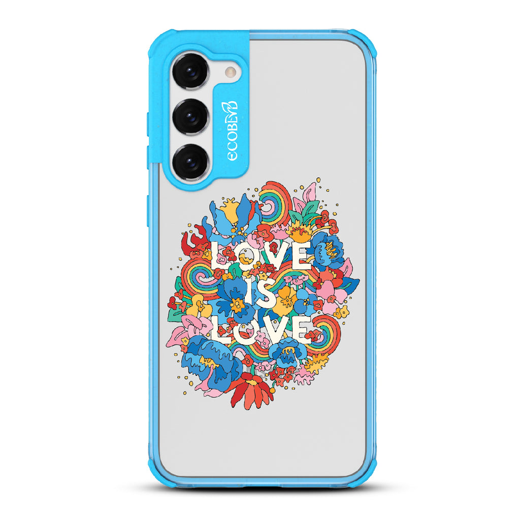 Ever-Blooming Love - Blue Eco-Friendly Galaxy S23 Plus Case With Rainbows + Flowers, Love Is Love On A Clear Back