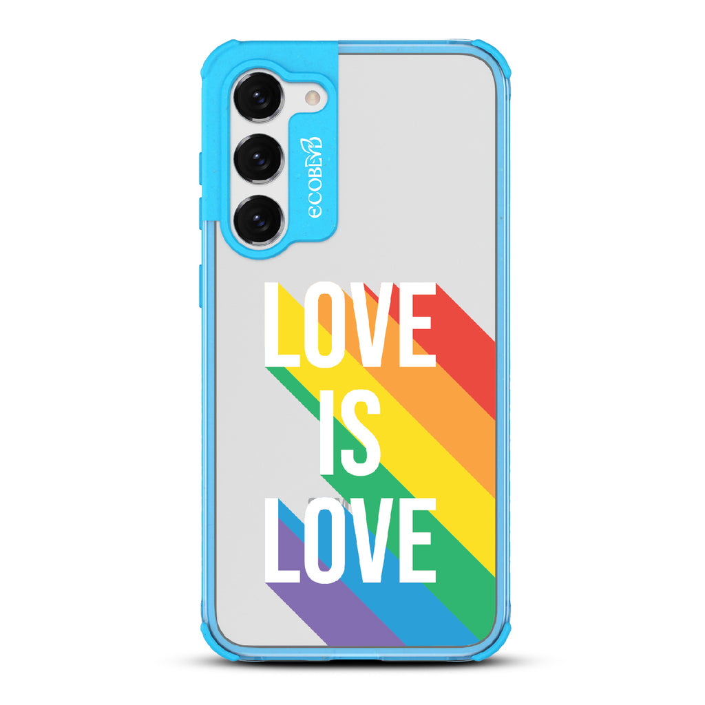 Spectrum Of Love - Blue Eco-Friendly Galaxy S23 Plus Case With Love Is Love + Rainbow Gradient Shadow On A Clear Back