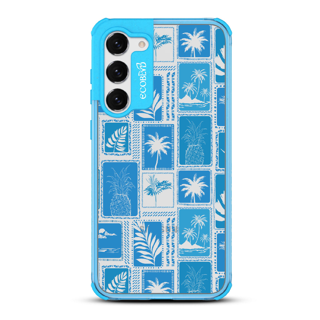 Oasis - Blue Eco-Friendly Galaxy S23 Case With Tropical Shirt Palm Trees & Pineapple Print On A Clear Back